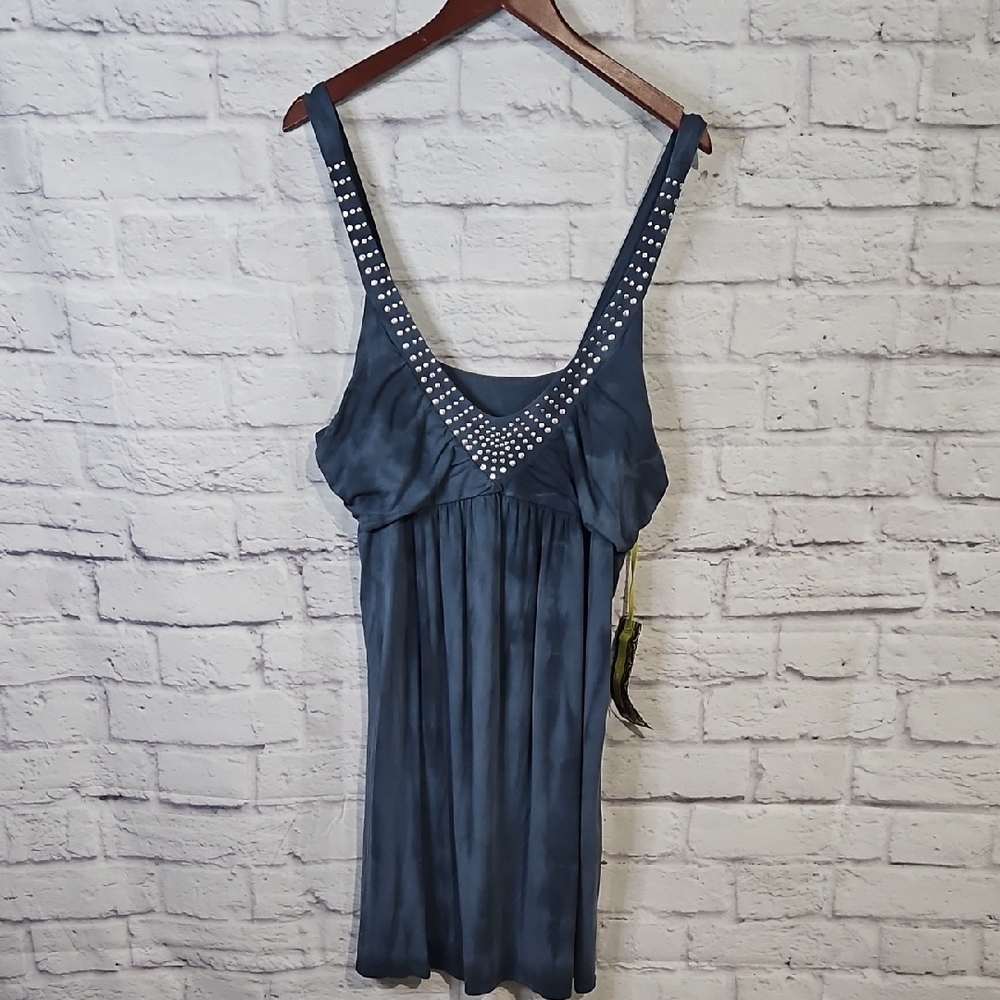 Green Dragon Slate Blue Midi Dress with Embellished V-Neck